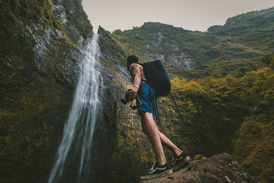 Topless hiking