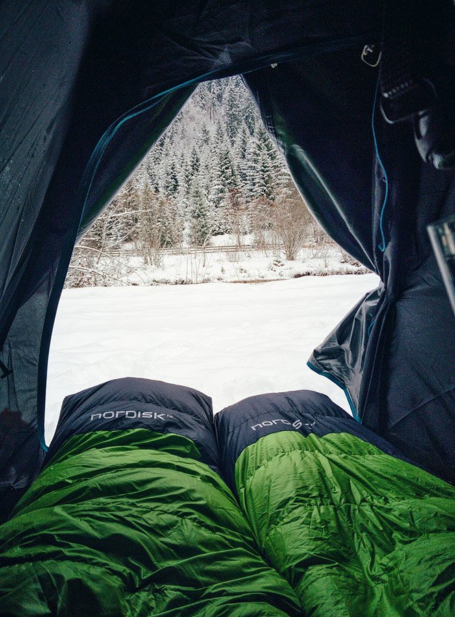 Open tent in the snow