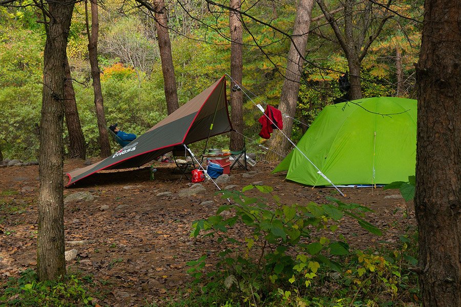 camp setup with tarp